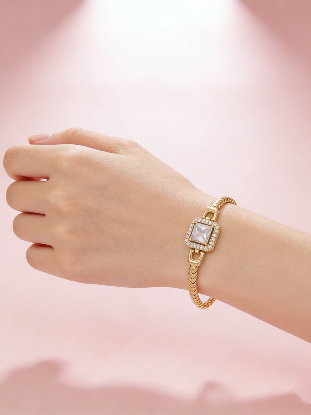 Gold-Tone Crystal Square Face Bracelet Watch